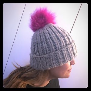 Eugenia Kim grey chunky knit hat with real fur pom